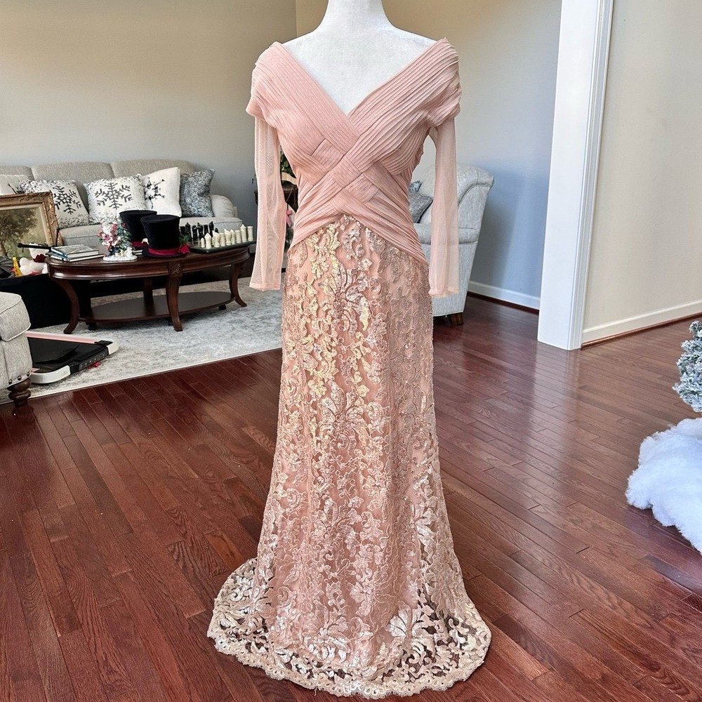Tadashi Shoji Blush Pink Lace & Chiffon Maxi Dress